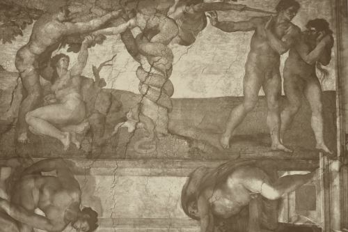 Michelangelo Buonarroti: Sündenfall und Vertreibung aus dem Garten Eden, Vatikan, Sixtinische Kapelle, 1508/1512. Aufnahme: Maison Braun, vor 1869/1870