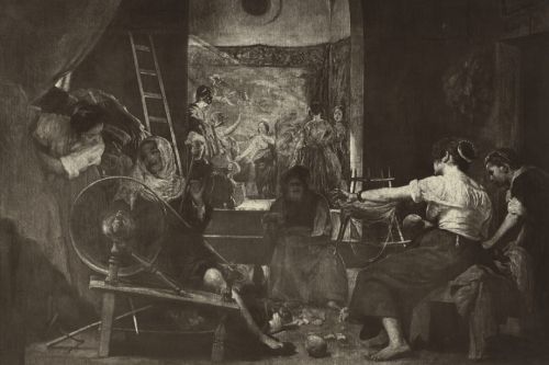 Diego Rodríguez de Silva y Velázquez: Die Teppichfabrik von Madrid, Las Hilanderas, Museo del Prado, um 1657. Aufnahme: Maison Braun, vor 1880/1884